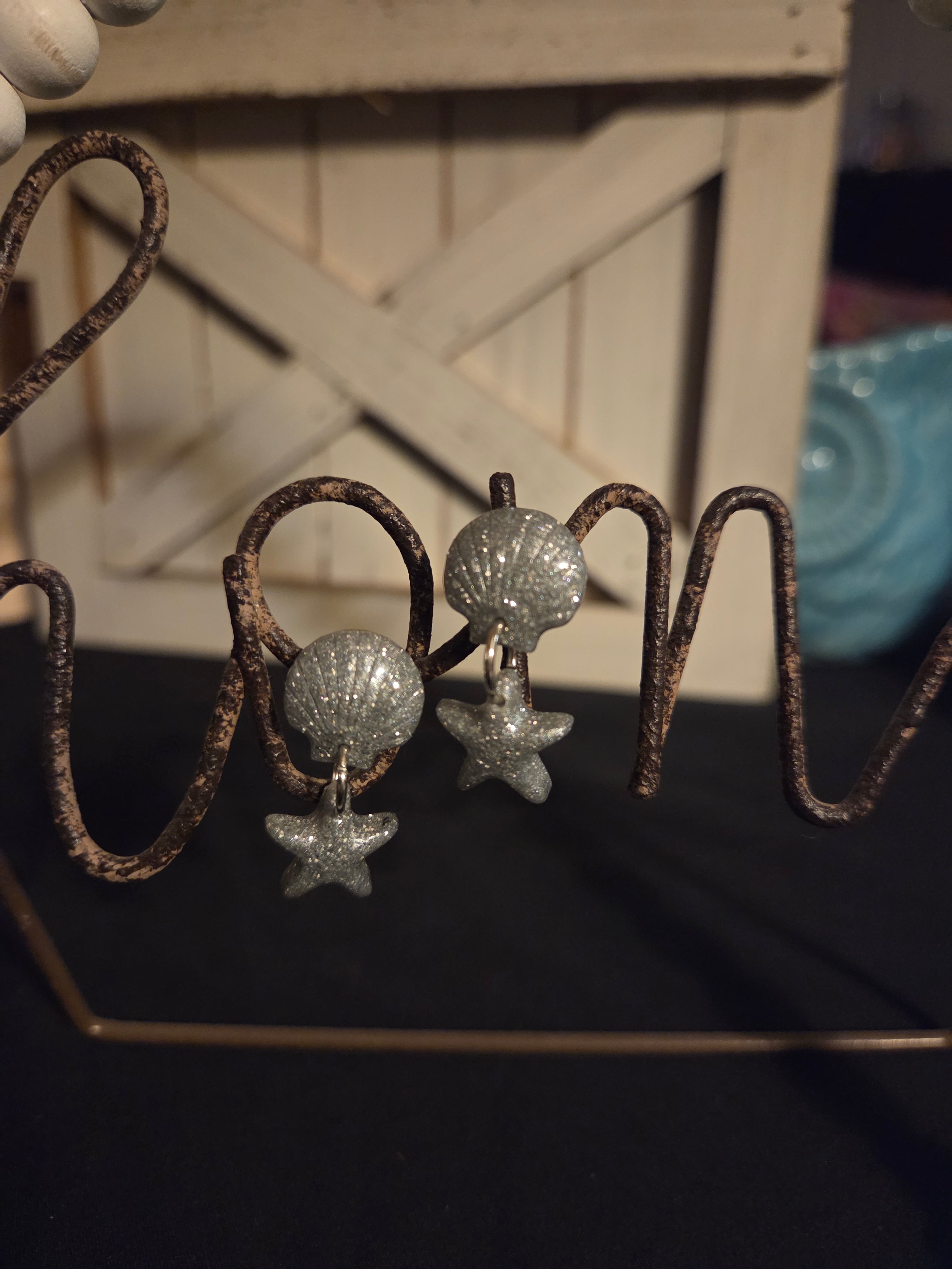 Silver Glitter Shell and Starfish Dangle Post Earrings