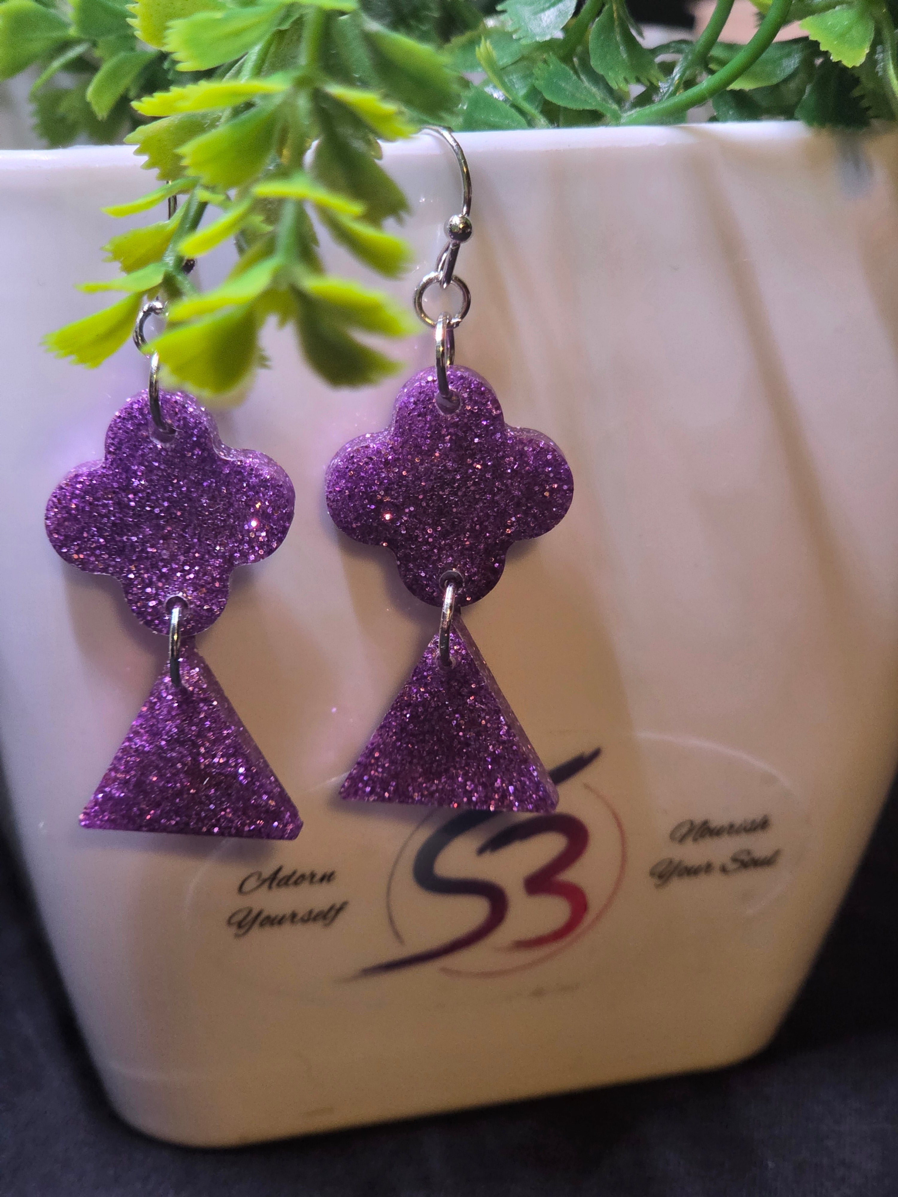 Purple Glitter Clover Triangle Dangle Earrings