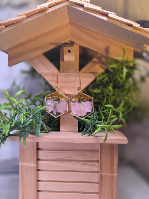 Hexagon Pressed Flower Glitter Earrings