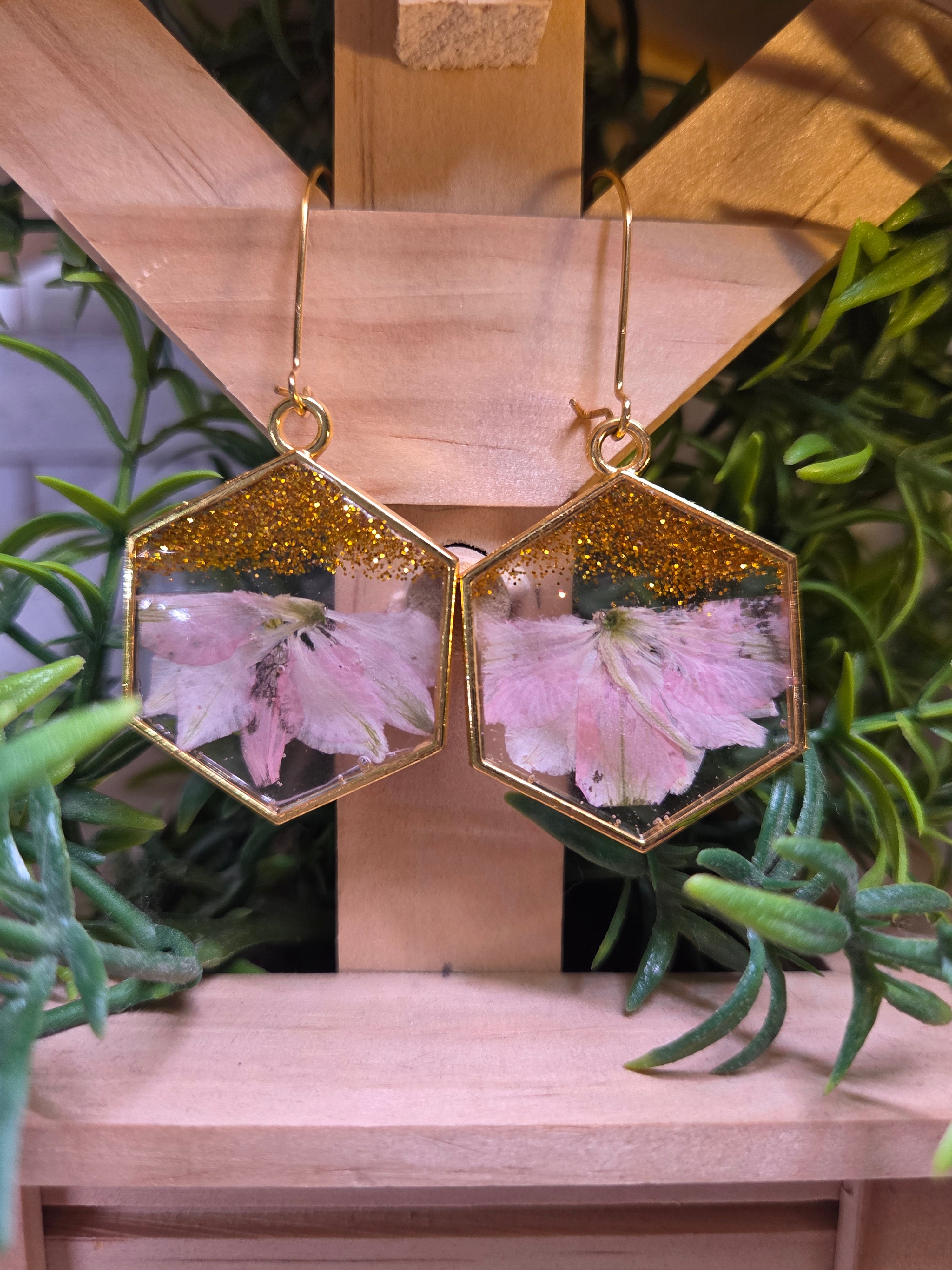Hexagon Pressed Flower Glitter Earrings