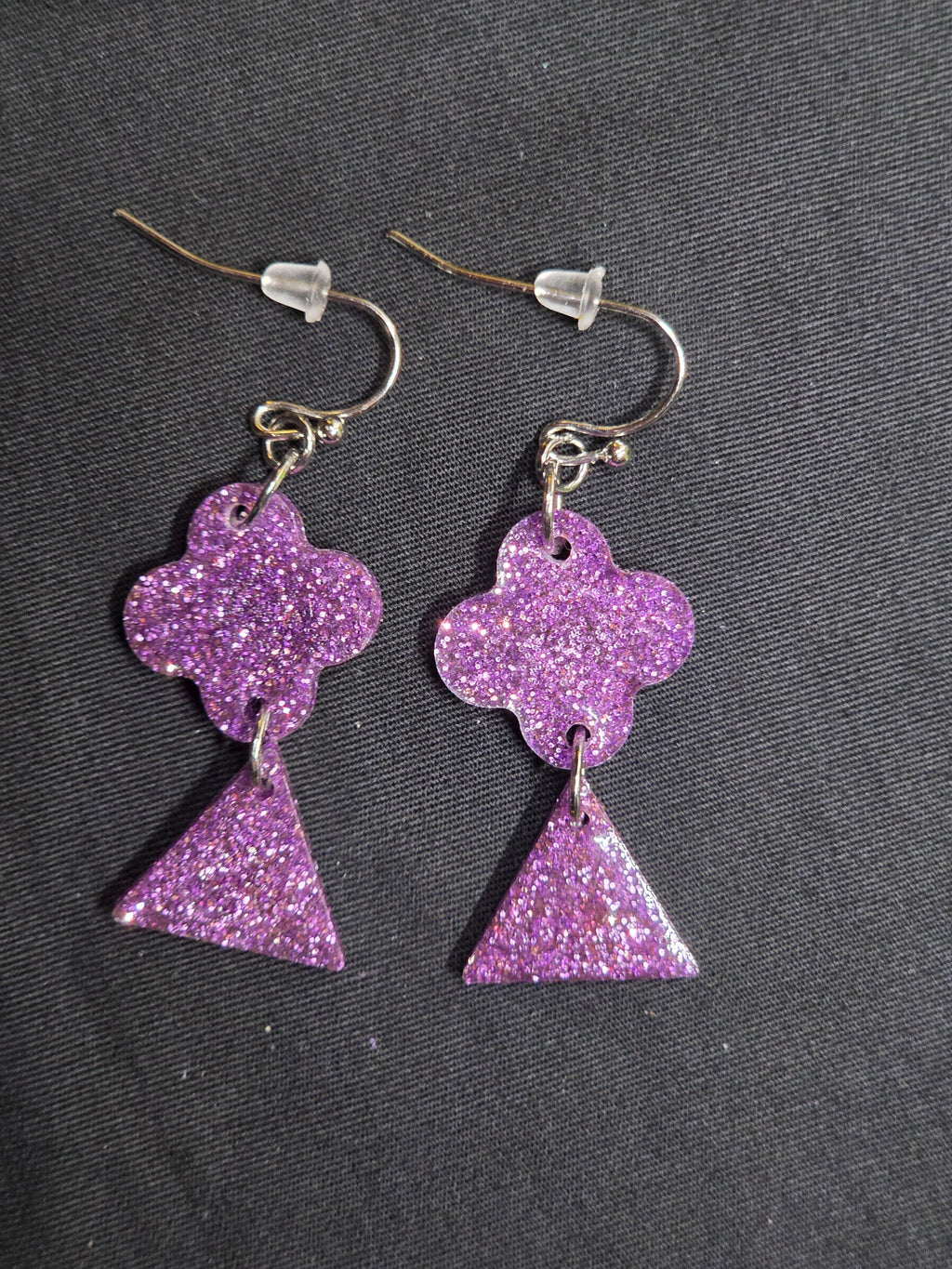 Purple Glitter Clover Triangle Dangle Earrings