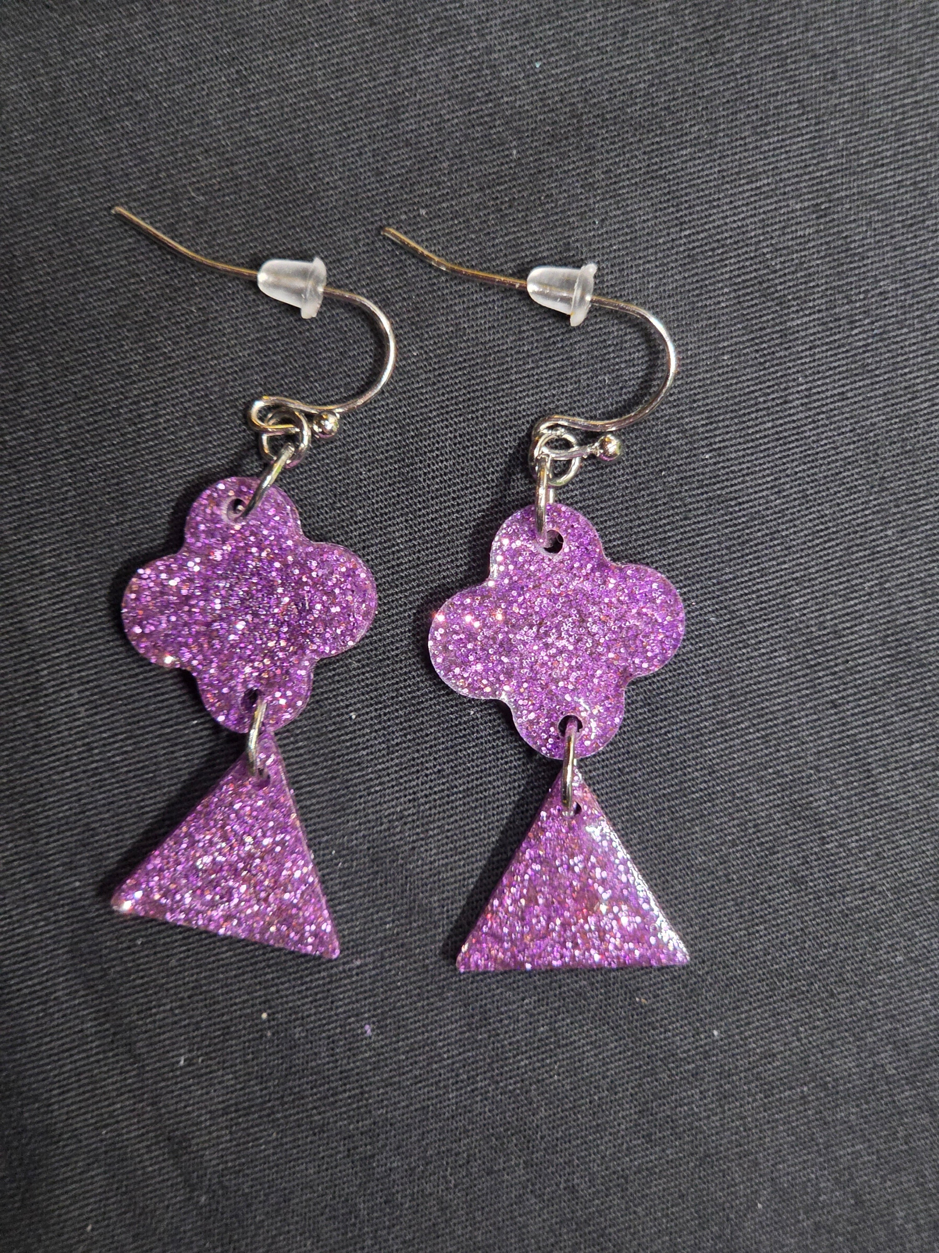 Purple Glitter Clover Triangle Dangle Earrings