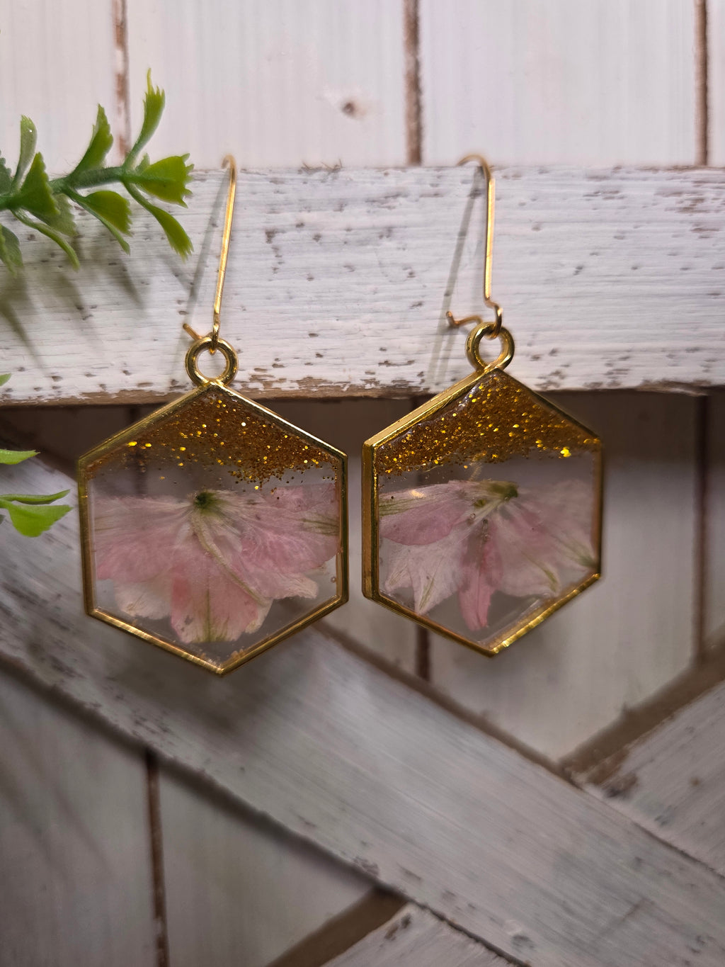 Hexagon Pressed Flower Glitter Earrings