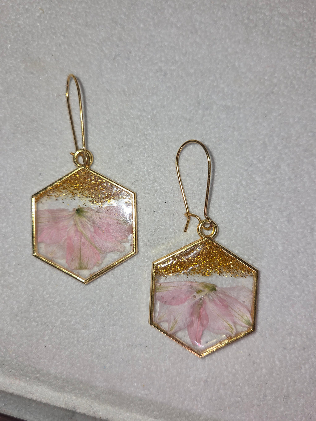 Hexagon Pressed Flower Glitter Earrings